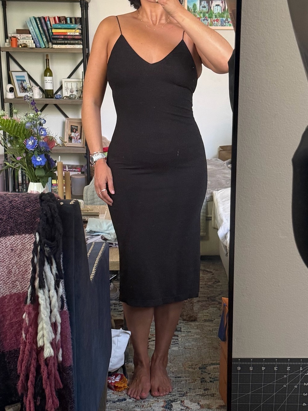 Alice + Olivia Classic Black Slip Midi Dress with Spaghetti Straps